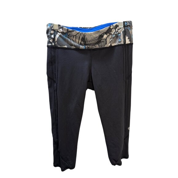 Lululemon Black Cropped Leggings With Multicolor Patterned Waistband Womens Athl - Picture 1 of 7